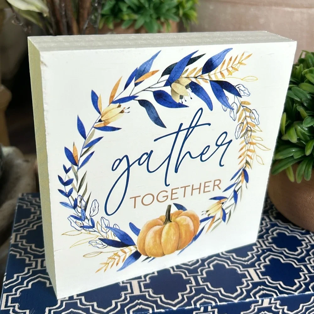 NEW! Fall Autumn Harvest Cottage Gather Together Pumpkin & Wheat Wood Sign